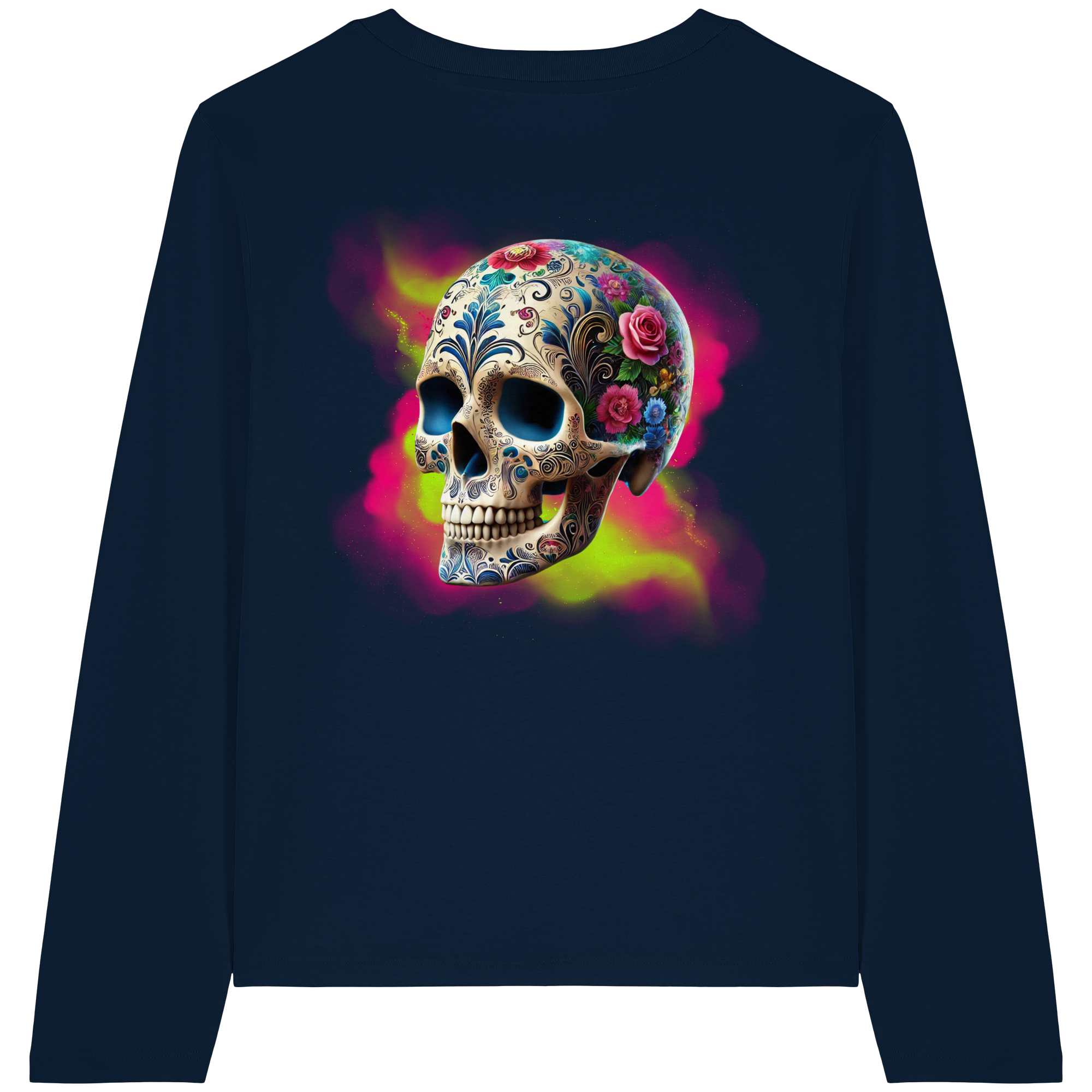 T-shirt à manches longues bio pour femme Motif tête de mort florale